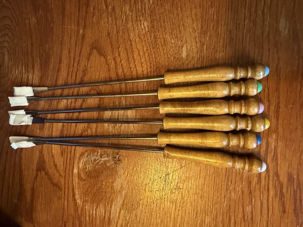 6 Vintage Stainless Steel Japan Wood Handles Fondue Forks Set Color Tips